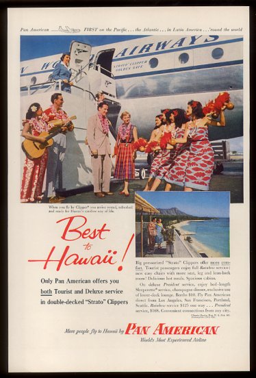 1954 A Pan American ad promoting service to Hawaii with the Boeing 377 Stratocruiser.